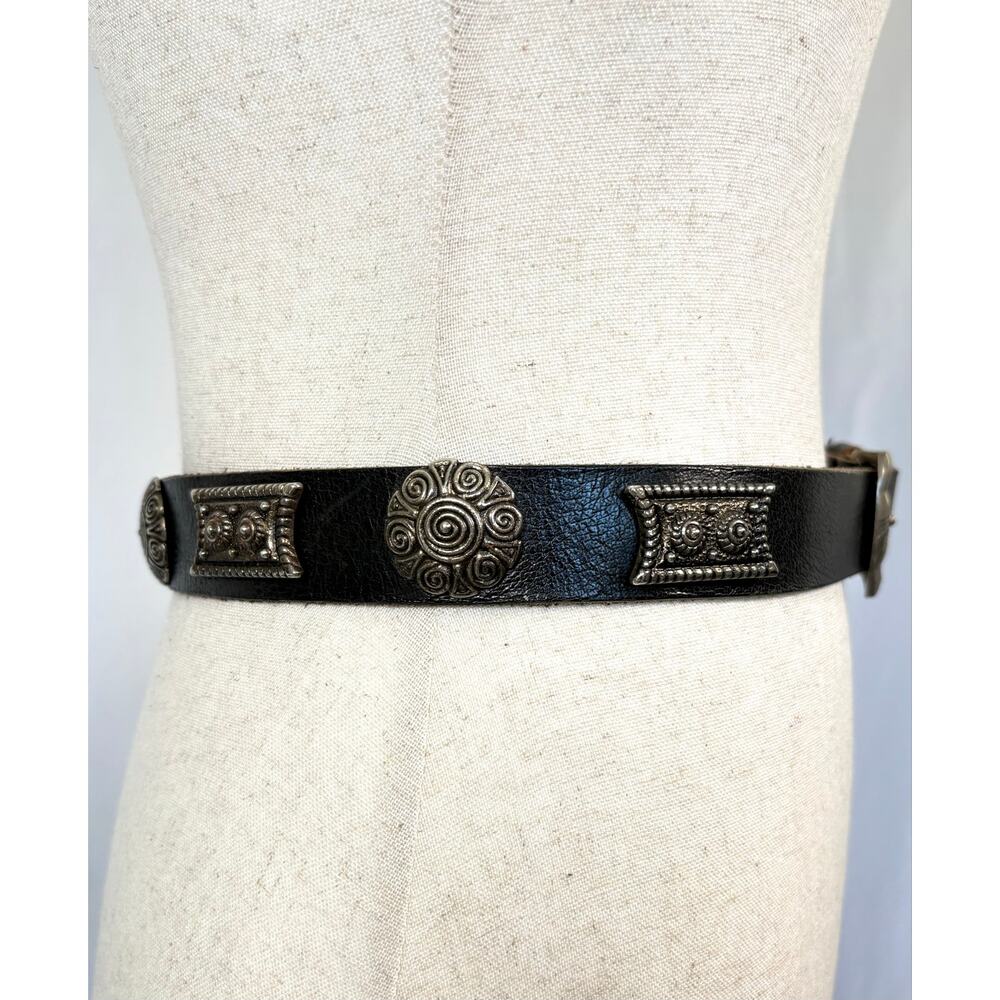 Conch Belt Black Leather Floral Aztec Silver Tone Patina Women’s Size S